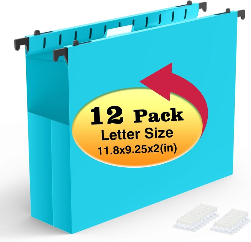 SHUTEX Extra Capacity Plastic Hanging File Folders,12 Pack Reinforced Expanding Hang Folder Letter Size,Accordian Pocket,Heavy Duty 2 Inch Expansion, Hard Hanging Folder Organizer for Office Home,Blue - Image 1